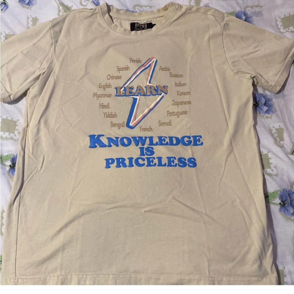 Cream Graphic T-Shirt with Blue Text